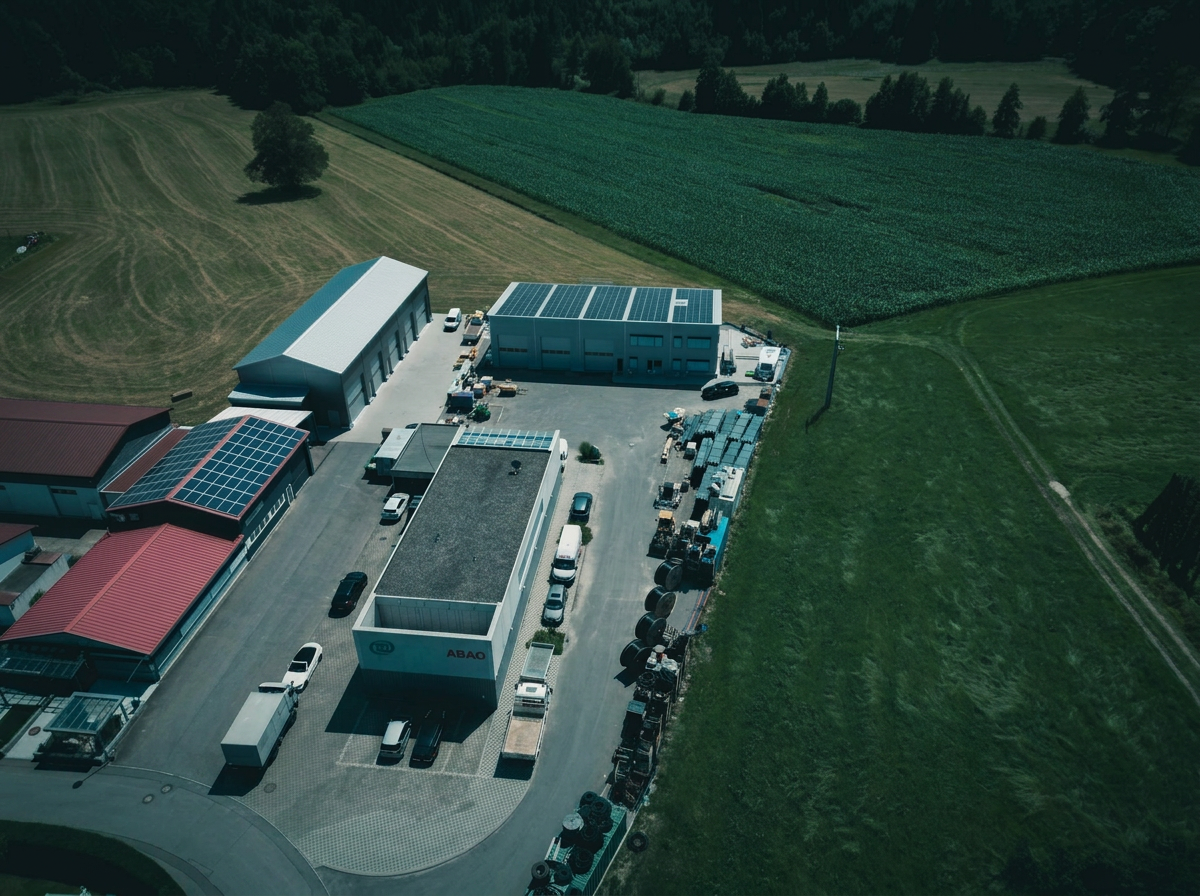 Luftaufnahme des ABAO Energy Firmenstandorts: Werkstatt, Lagerhalle mit PV-Anlage und Materialhof mit Kabeltrommeln, eingebettet in landwirtschaftliche Flächen am Bodensee